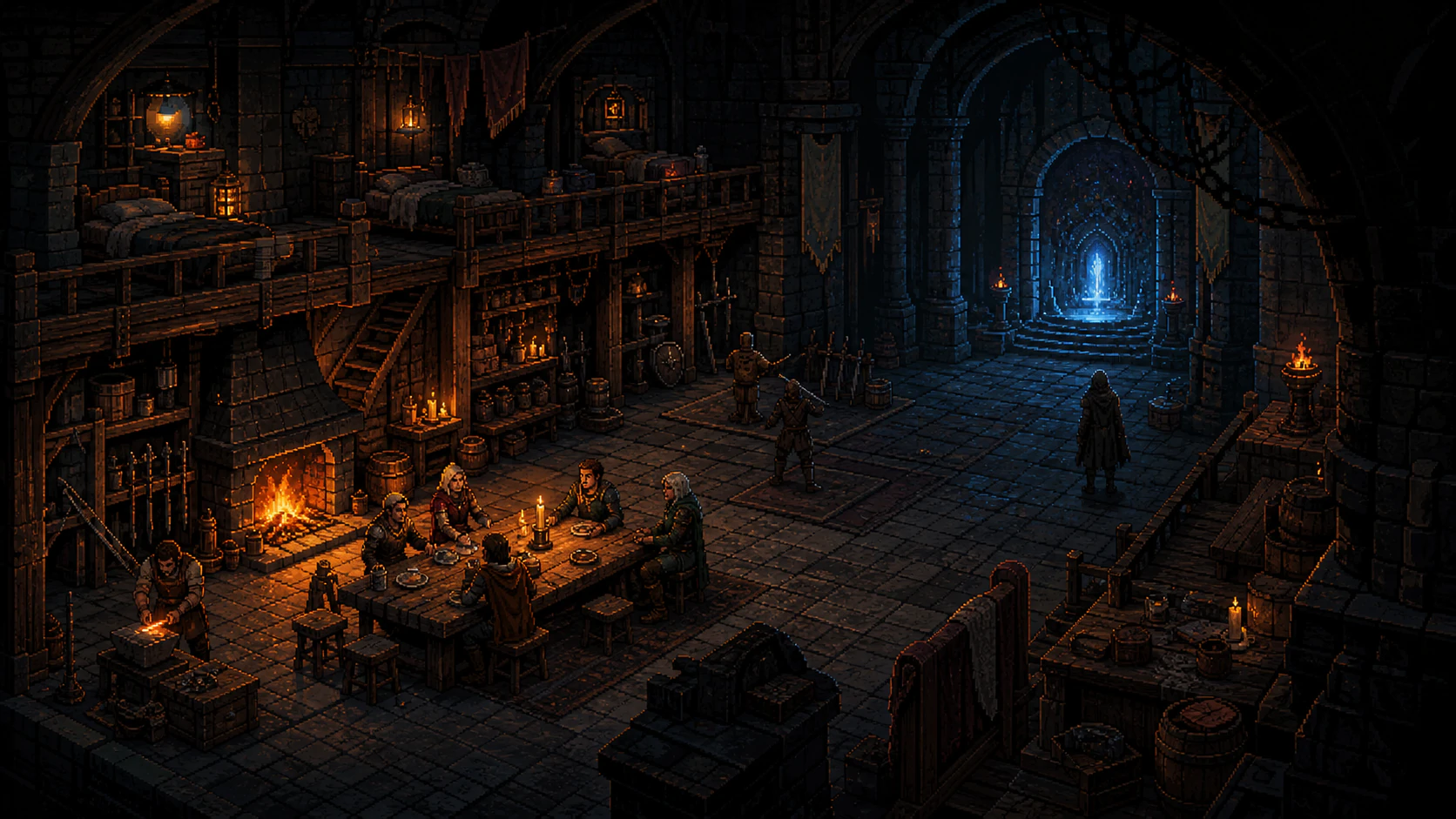 Pixel art refuge where heroes rest beside a fire while a cold mission portal waits beyond