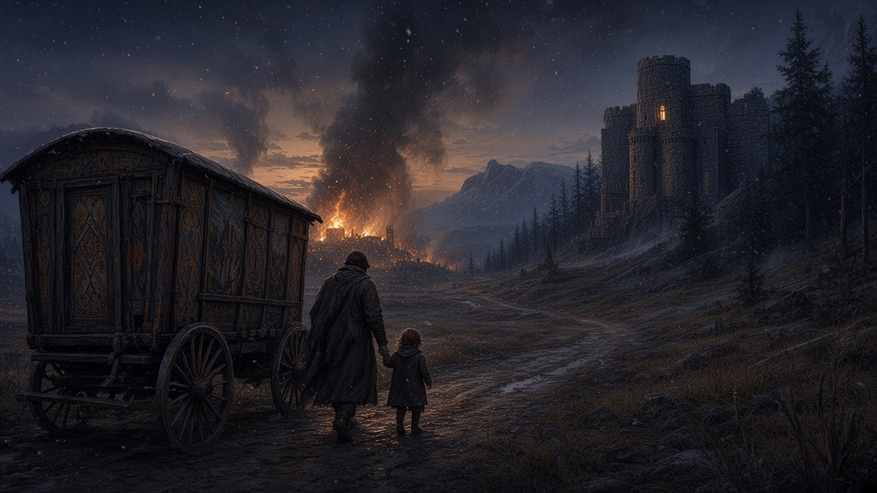 A traveler and a child walk beside a wagon at dusk, a burning village behind them and a walled town ahead