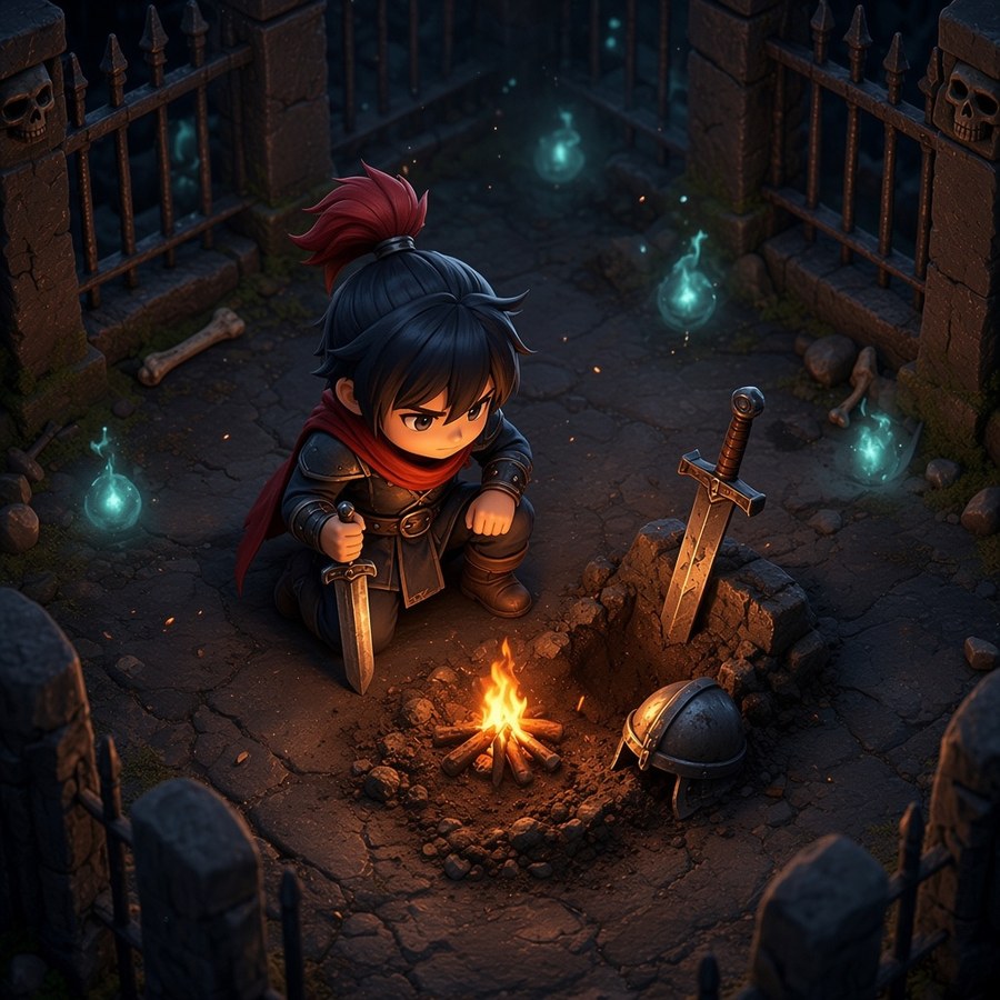 A hero sits by a small fire at a fresh grave in the town cemetery, a sword planted in the earth beside a helmet